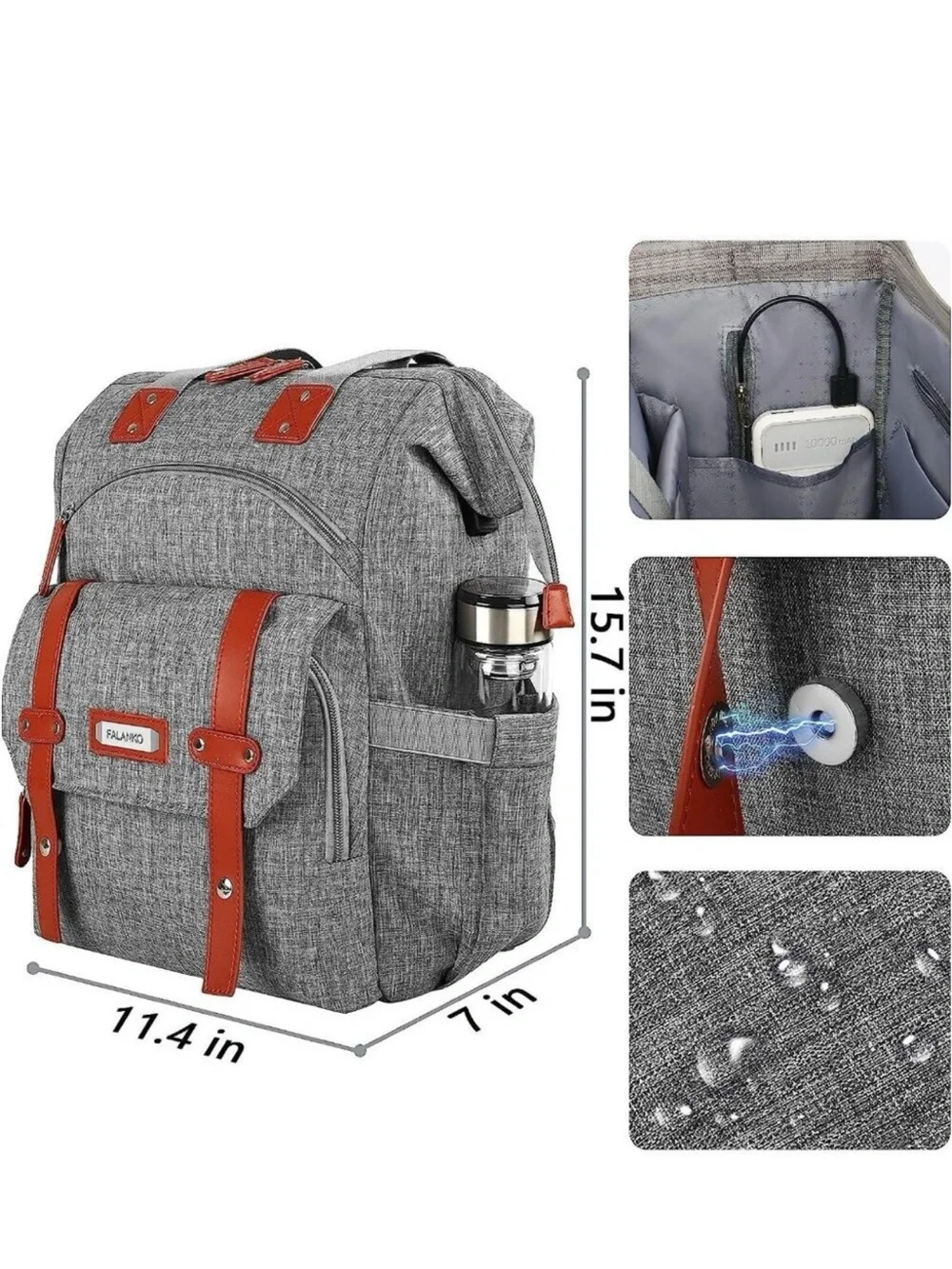 Falaniko Gray Backpack with Brown Trim Travel & Commuter Bag USB Charging Port